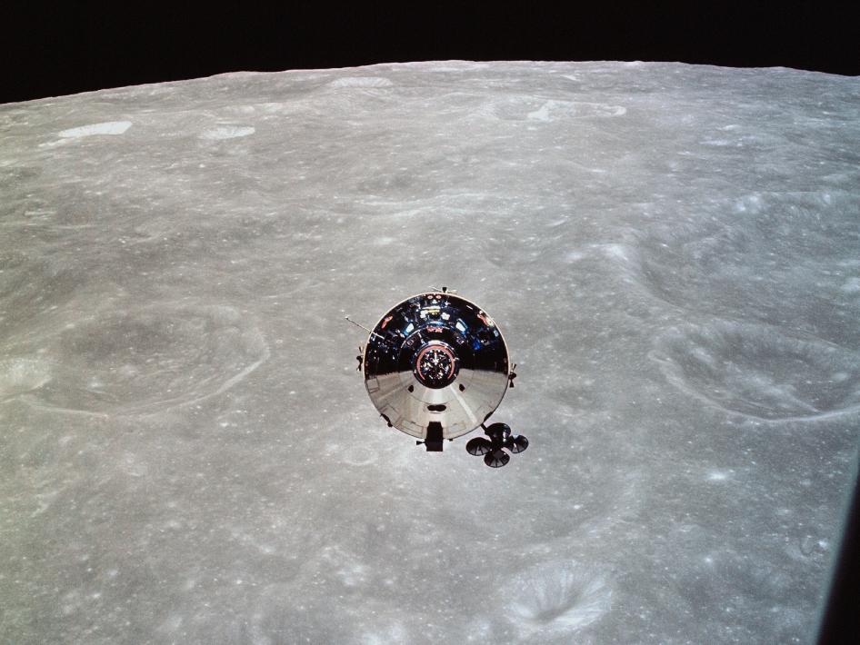 Apollo 10 command module Charlie Brown is seen from the lunar module Snoopy after separation in lunar orbit